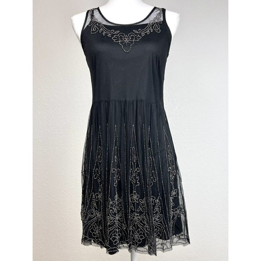 FRENCHI Womens XS Black Sheer Layered BEADED Tank Flapper DRESS Nordstrom EUC